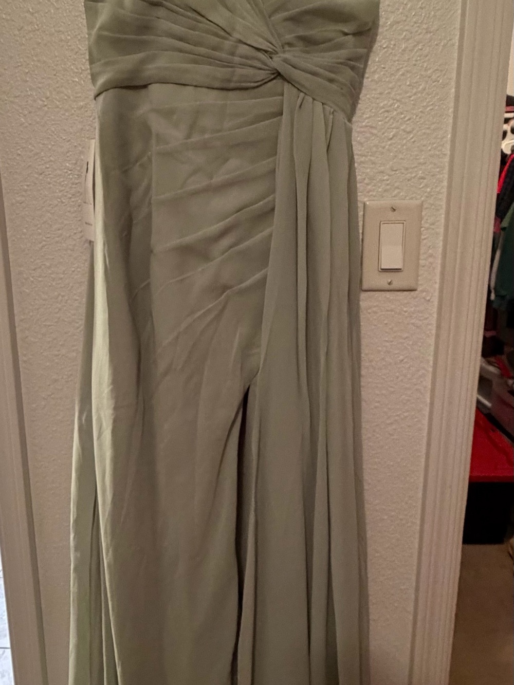 Olive Green Ruched Chiffon Maxi Dress with Side Slit - Picture 2 of 4